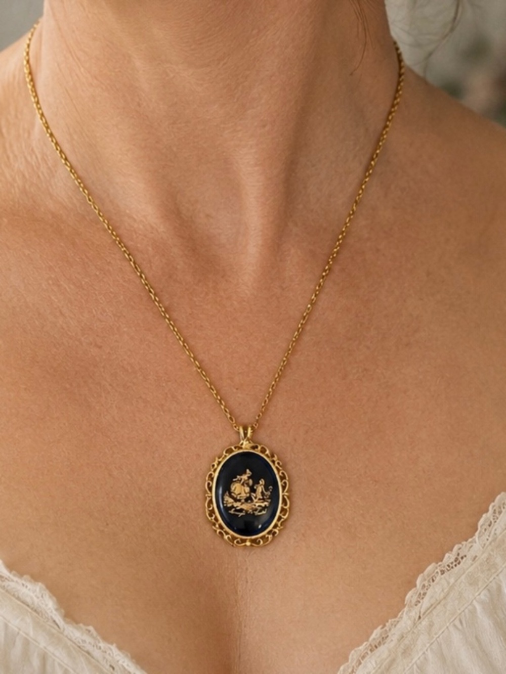 Vintage Limoges Castel France Porcelain Pendant Necklace / Cobalt Blue